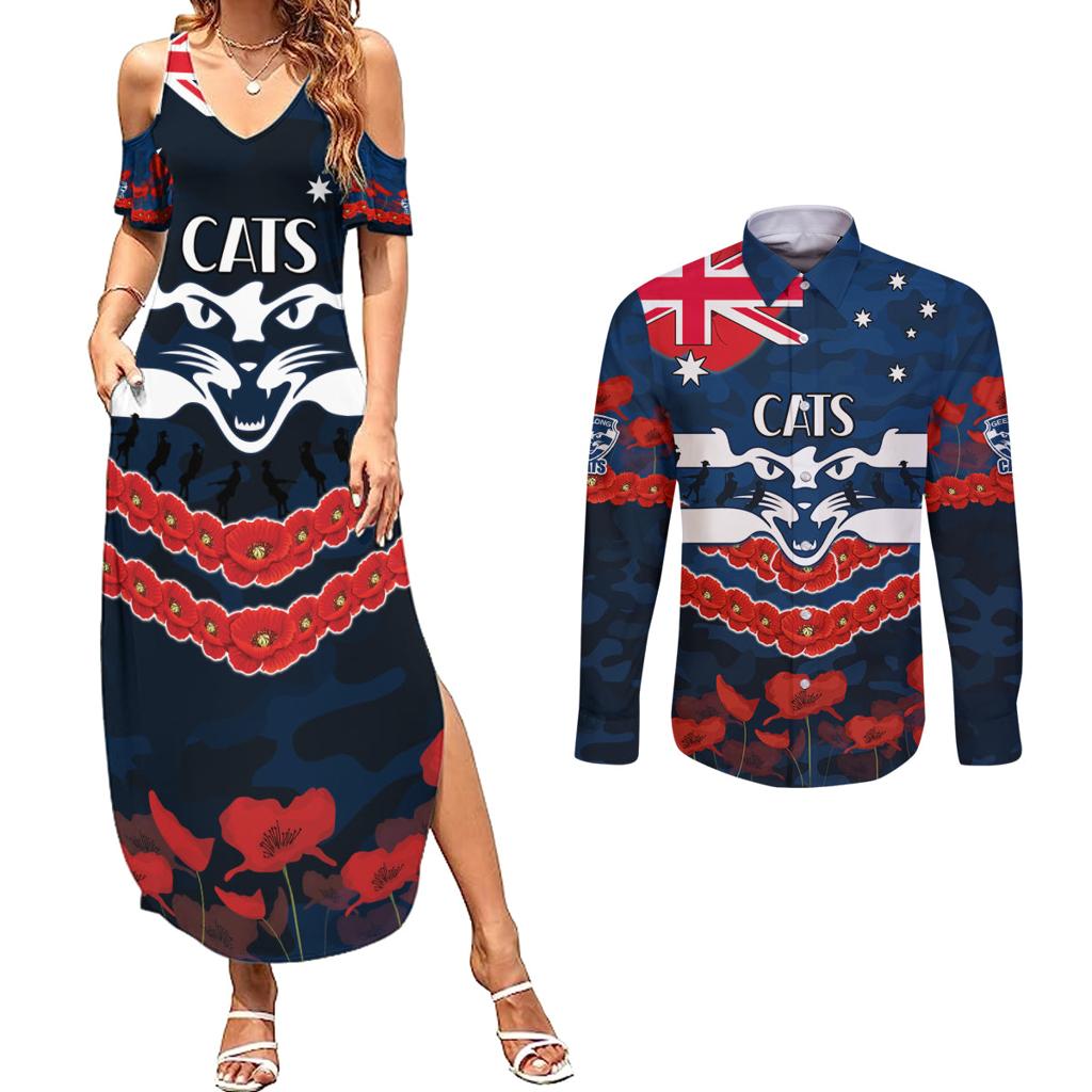 Custom Cats Football Couples Matching Summer Maxi Dress and Long Sleeve Button Shirt ANZAC Lest We Forget