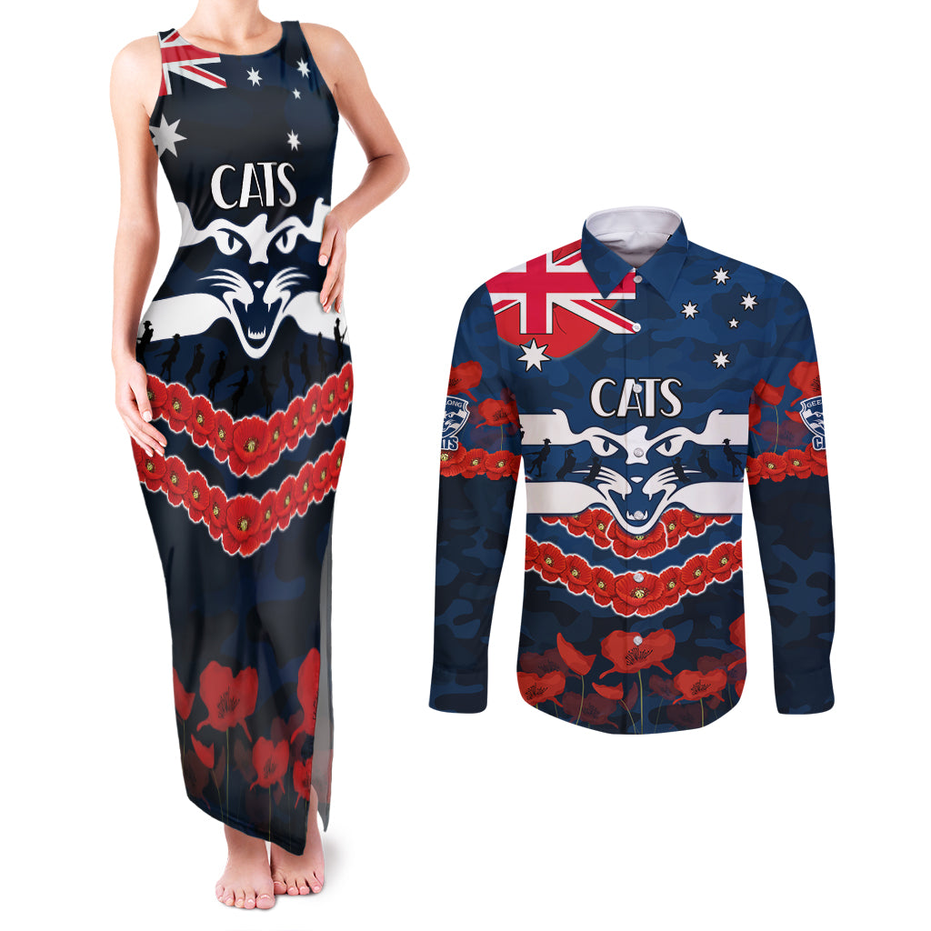 Custom Cats Football Couples Matching Tank Maxi Dress and Long Sleeve Button Shirt ANZAC Lest We Forget