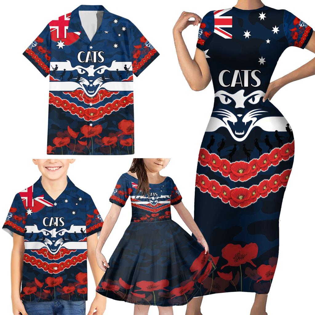 Custom Cats Football Family Matching Short Sleeve Bodycon Dress and Hawaiian Shirt ANZAC Lest We Forget