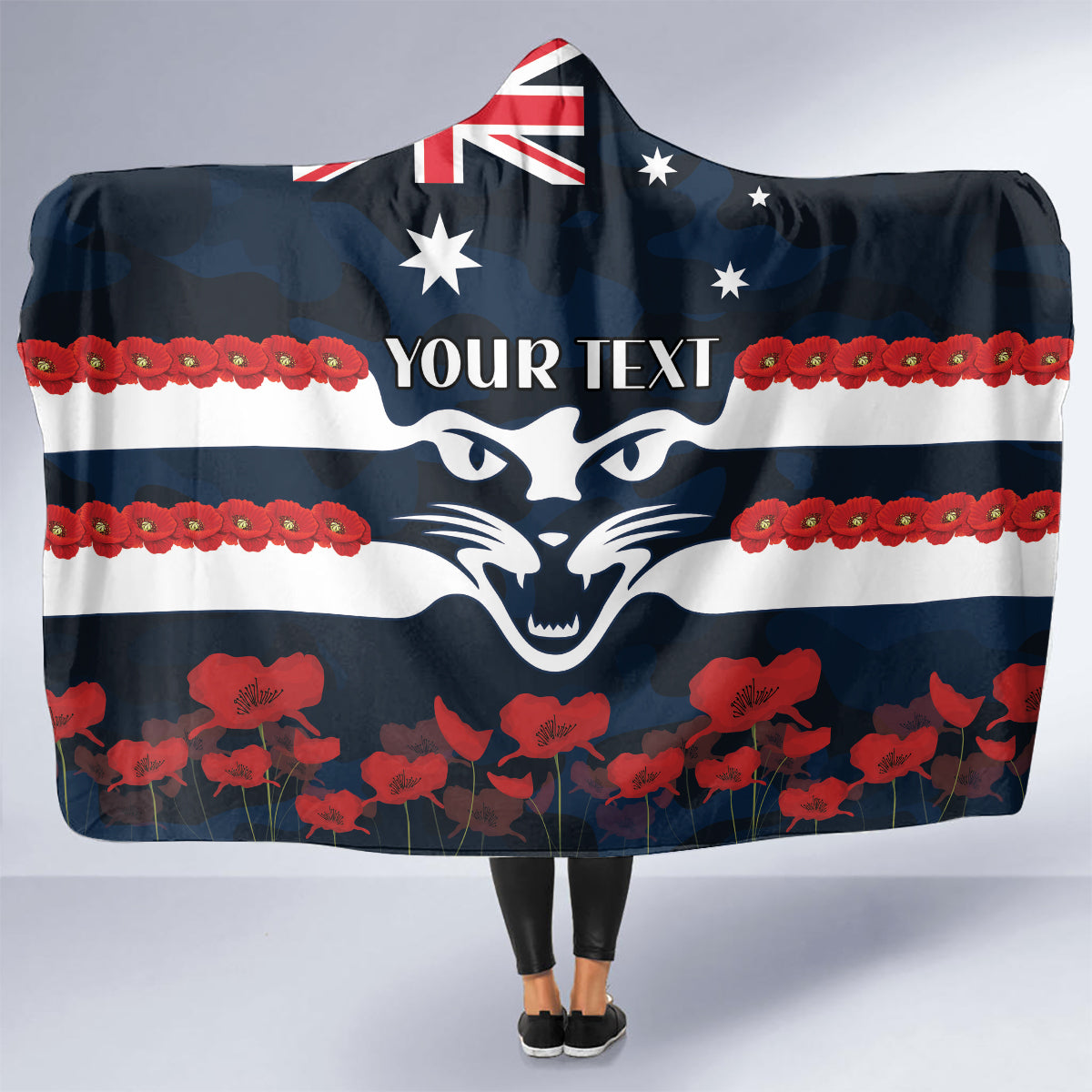 Custom Cats Football Hooded Blanket ANZAC Lest We Forget