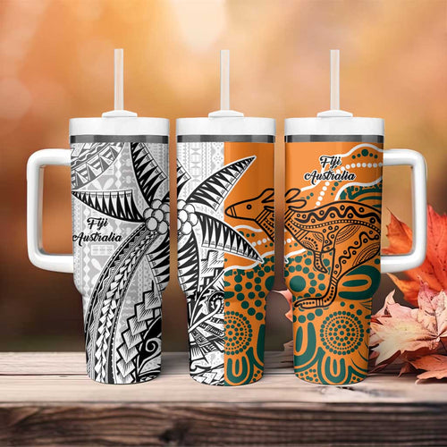 Australia-Fiji Palm and Kangaroo Tumbler With Handle Polynesia Tapa Mixed Indigenous Aboriginal