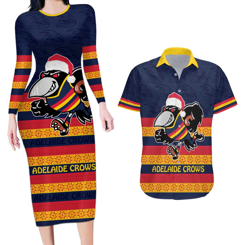 AFL Adelaide Christmas Personalised Couples Matching Long Sleeve Bodycon Dress and Hawaiian Shirt with Crows Mascot