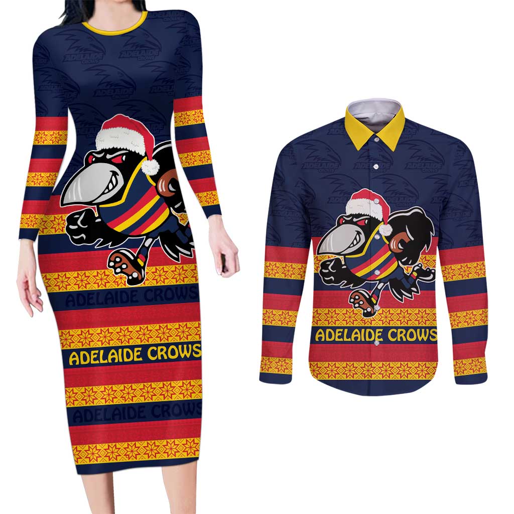 AFL Adelaide Christmas Personalised Couples Matching Long Sleeve Bodycon Dress and Long Sleeve Button Shirt with Crows Mascot