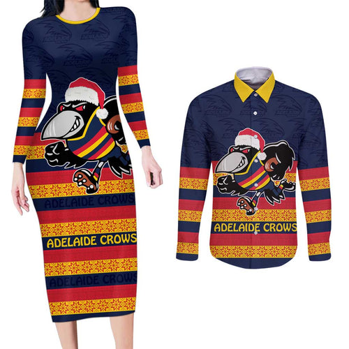 AFL Adelaide Christmas Personalised Couples Matching Long Sleeve Bodycon Dress and Long Sleeve Button Shirt with Crows Mascot