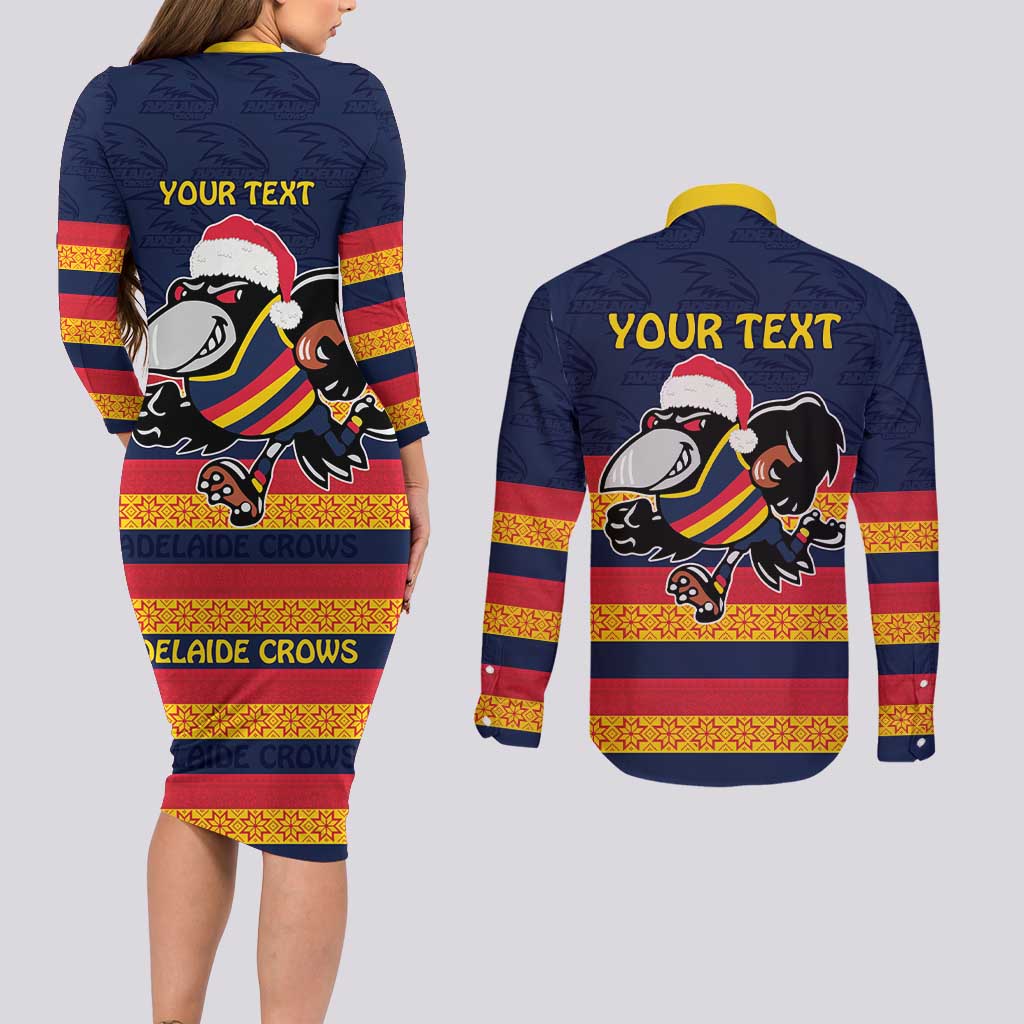 AFL Adelaide Christmas Personalised Couples Matching Long Sleeve Bodycon Dress and Long Sleeve Button Shirt with Crows Mascot
