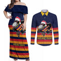 AFL Adelaide Christmas Personalised Couples Matching Off Shoulder Maxi Dress and Long Sleeve Button Shirt with Crows Mascot