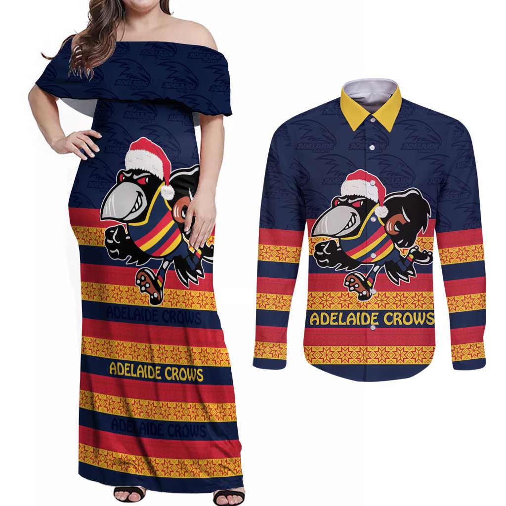 AFL Adelaide Christmas Personalised Couples Matching Off Shoulder Maxi Dress and Long Sleeve Button Shirt with Crows Mascot