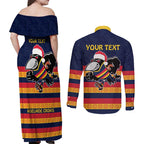 AFL Adelaide Christmas Personalised Couples Matching Off Shoulder Maxi Dress and Long Sleeve Button Shirt with Crows Mascot