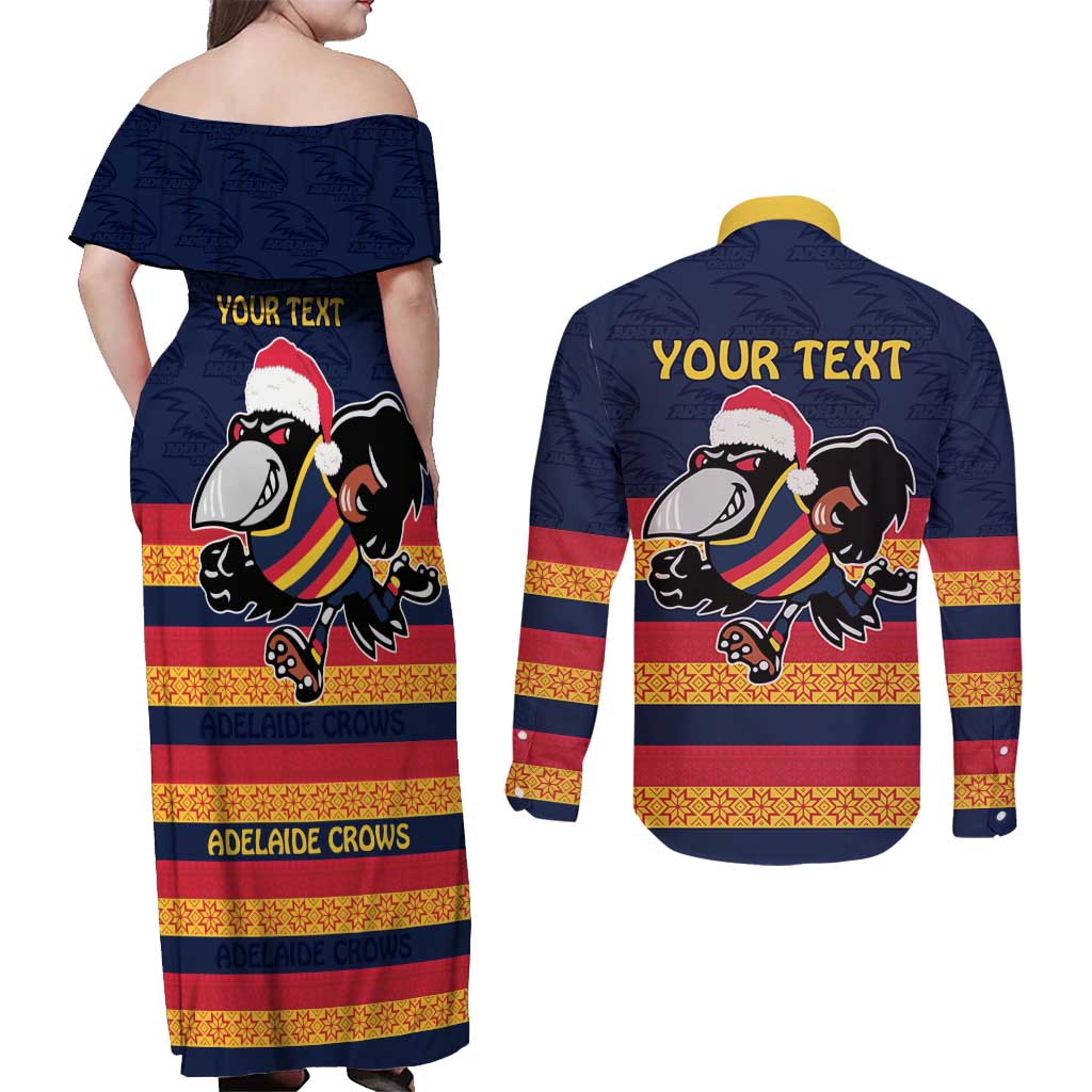 AFL Adelaide Christmas Personalised Couples Matching Off Shoulder Maxi Dress and Long Sleeve Button Shirt with Crows Mascot