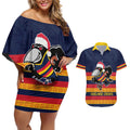 AFL Adelaide Christmas Personalised Couples Matching Off Shoulder Short Dress and Hawaiian Shirt with Crows Mascot
