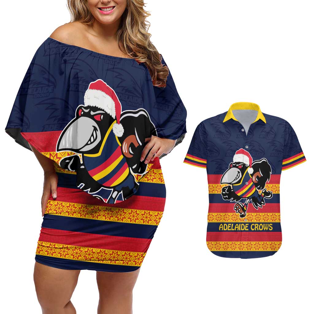 AFL Adelaide Christmas Personalised Couples Matching Off Shoulder Short Dress and Hawaiian Shirt with Crows Mascot