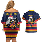 AFL Adelaide Christmas Personalised Couples Matching Off Shoulder Short Dress and Hawaiian Shirt with Crows Mascot