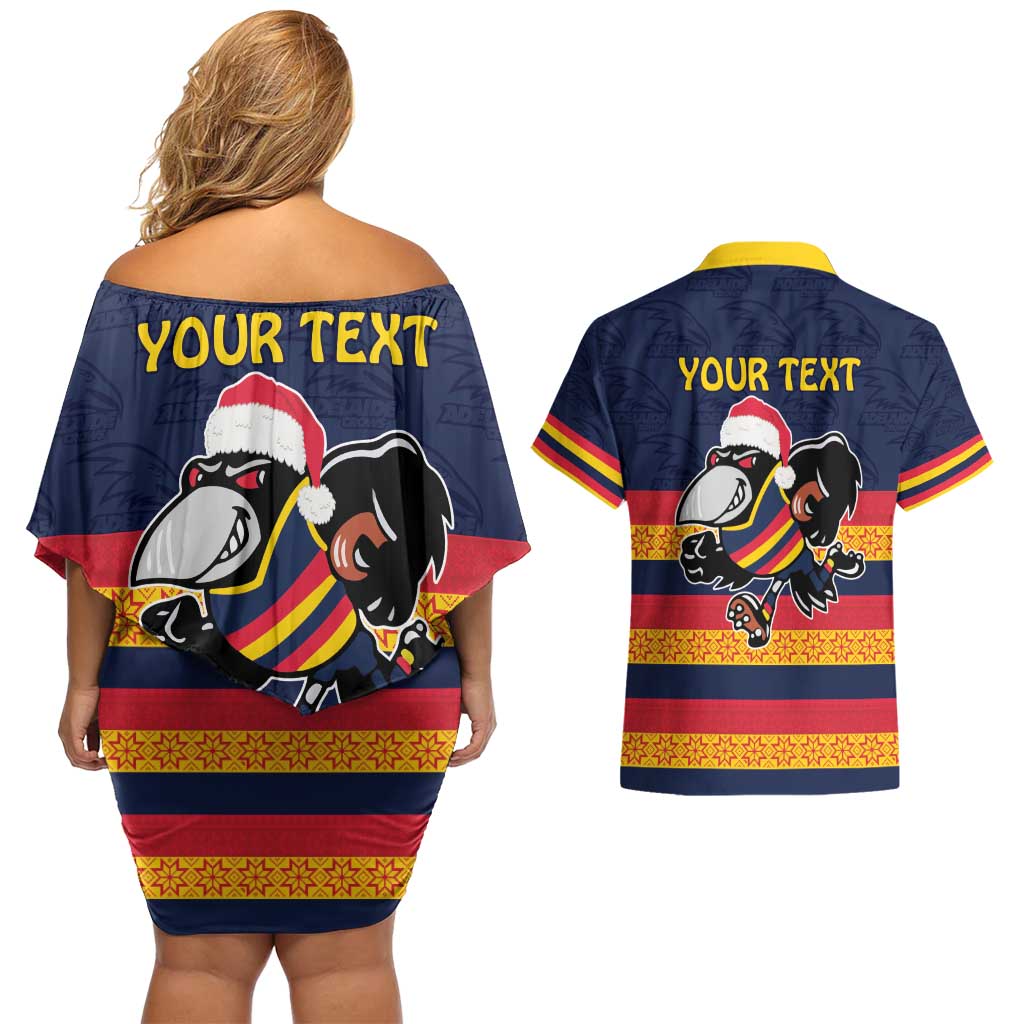 AFL Adelaide Christmas Personalised Couples Matching Off Shoulder Short Dress and Hawaiian Shirt with Crows Mascot