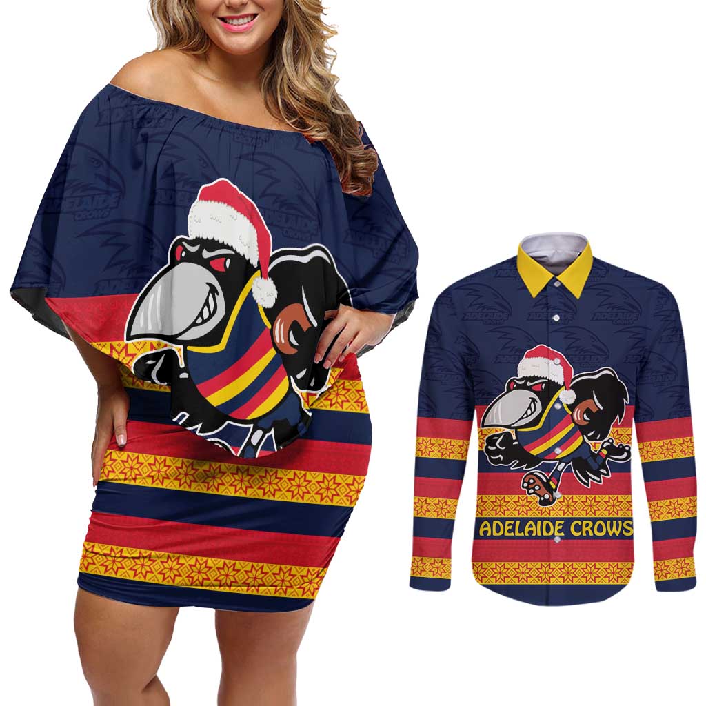 AFL Adelaide Christmas Personalised Couples Matching Off Shoulder Short Dress and Long Sleeve Button Shirt with Crows Mascot