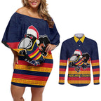 AFL Adelaide Christmas Personalised Couples Matching Off Shoulder Short Dress and Long Sleeve Button Shirt with Crows Mascot