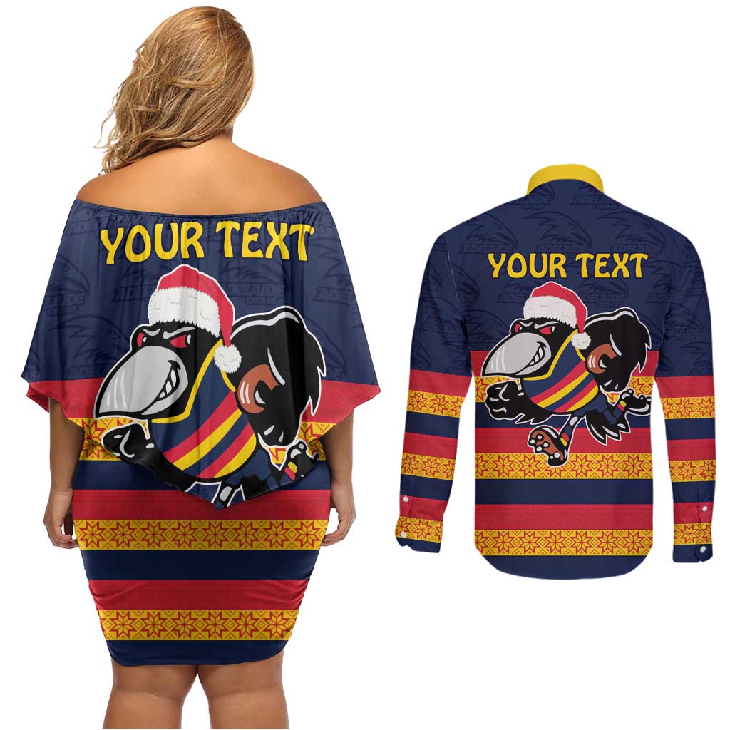 AFL Adelaide Christmas Personalised Couples Matching Off Shoulder Short Dress and Long Sleeve Button Shirt with Crows Mascot