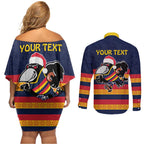 AFL Adelaide Christmas Personalised Couples Matching Off Shoulder Short Dress and Long Sleeve Button Shirt with Crows Mascot