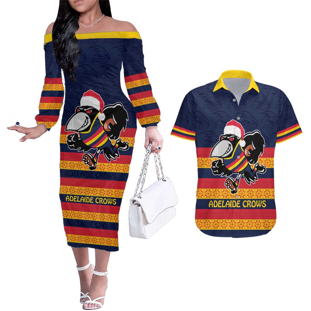 AFL Adelaide Christmas Personalised Couples Matching Off The Shoulder Long Sleeve Dress and Hawaiian Shirt with Crows Mascot