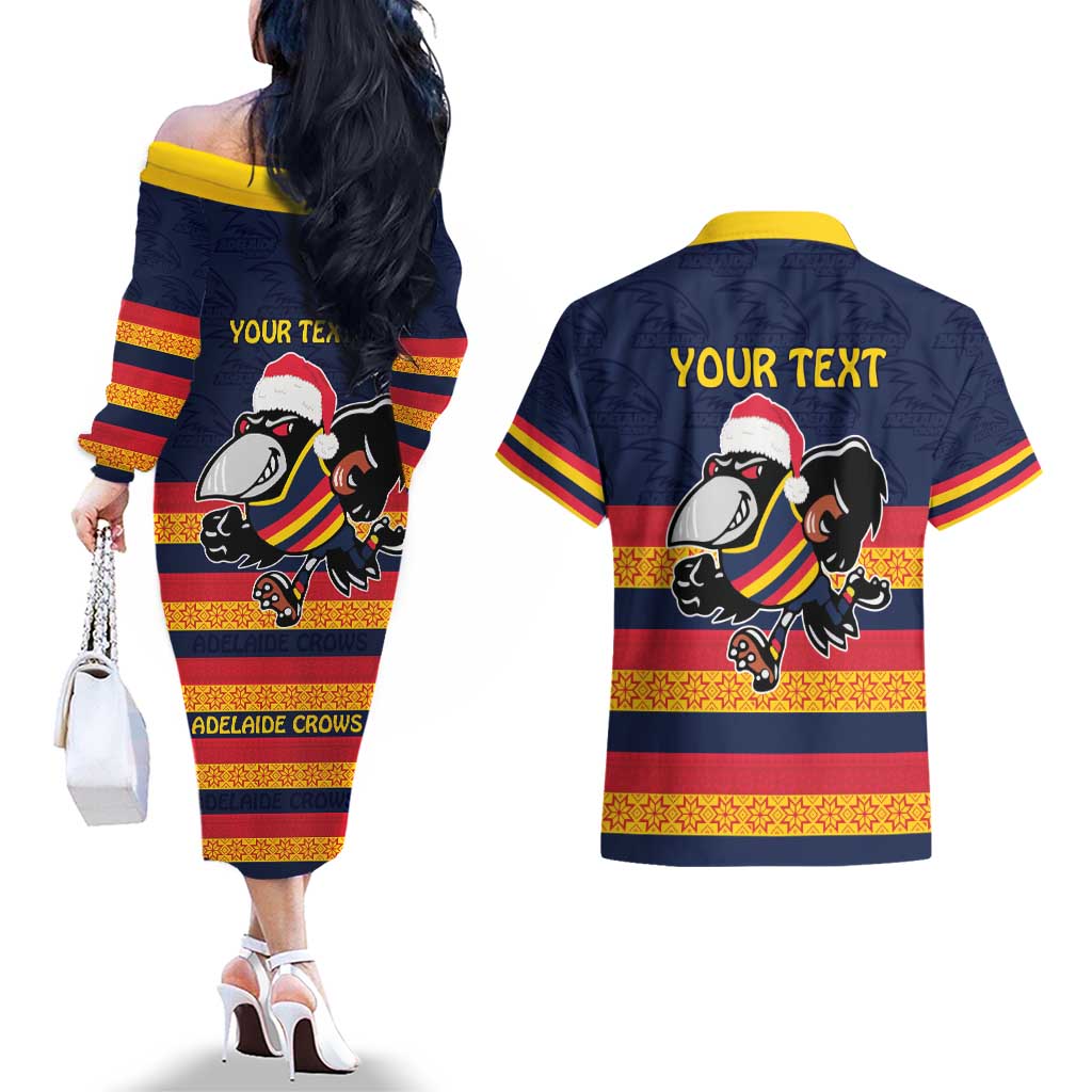 AFL Adelaide Christmas Personalised Couples Matching Off The Shoulder Long Sleeve Dress and Hawaiian Shirt with Crows Mascot