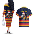 AFL Adelaide Christmas Personalised Couples Matching Off The Shoulder Long Sleeve Dress and Hawaiian Shirt with Crows Mascot