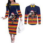 AFL Adelaide Christmas Personalised Couples Matching Off The Shoulder Long Sleeve Dress and Long Sleeve Button Shirt with Crows Mascot