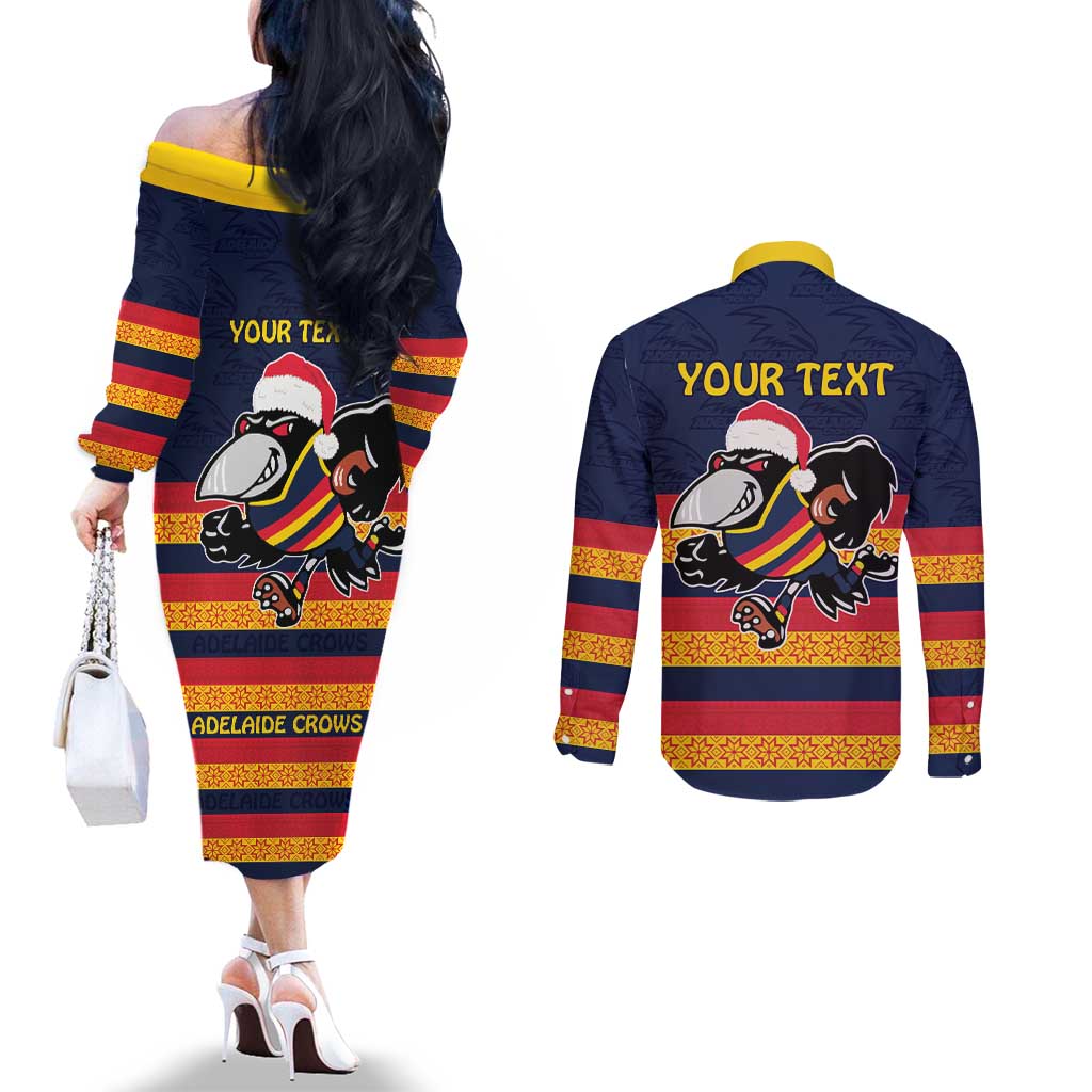 AFL Adelaide Christmas Personalised Couples Matching Off The Shoulder Long Sleeve Dress and Long Sleeve Button Shirt with Crows Mascot