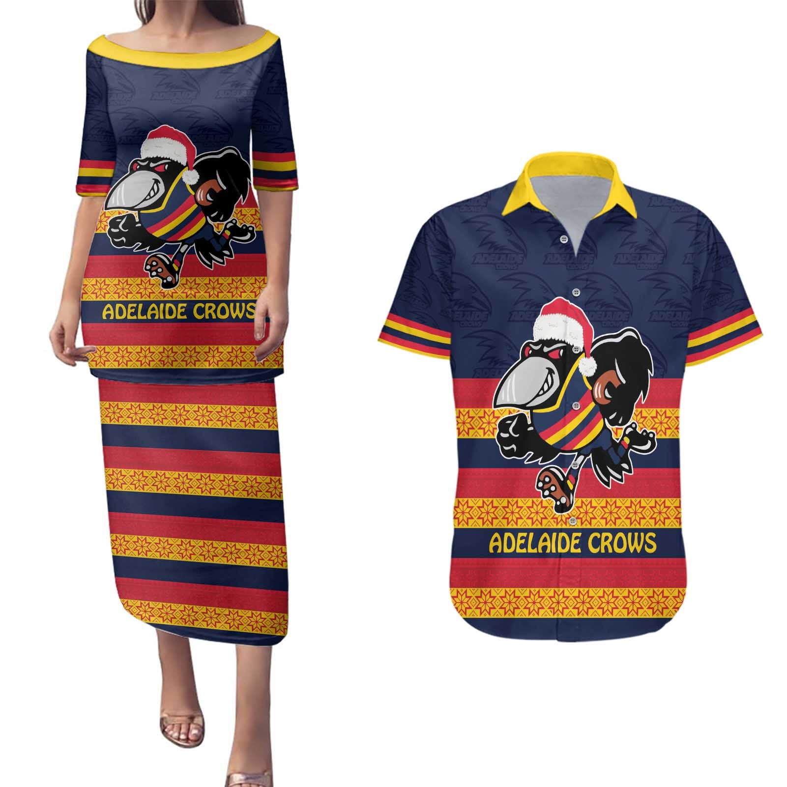 AFL Adelaide Christmas Personalised Couples Matching Puletasi and Hawaiian Shirt with Crows Mascot