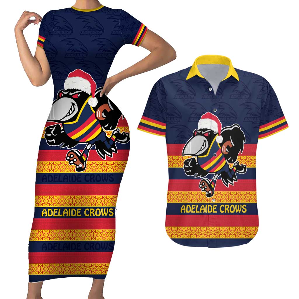 AFL Adelaide Christmas Personalised Couples Matching Short Sleeve Bodycon Dress and Hawaiian Shirt with Crows Mascot
