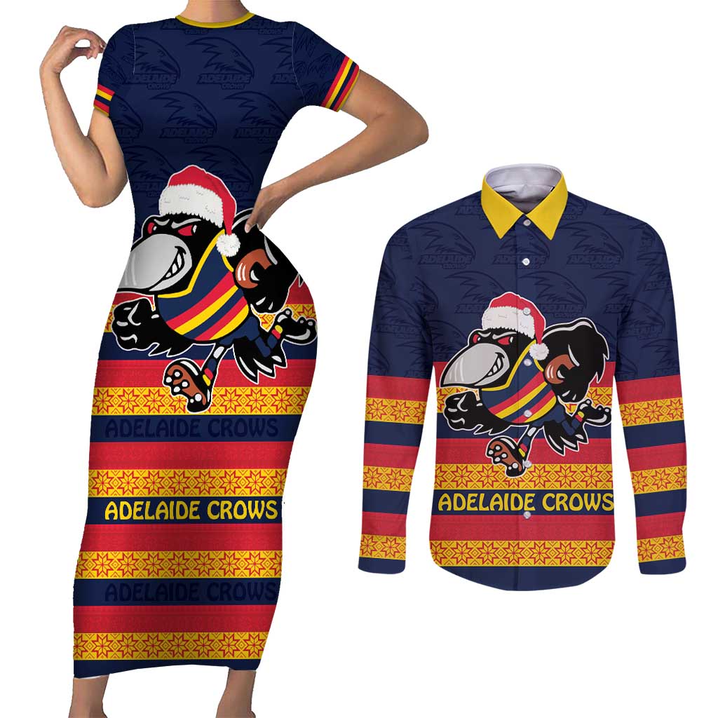 AFL Adelaide Christmas Personalised Couples Matching Short Sleeve Bodycon Dress and Long Sleeve Button Shirt with Crows Mascot