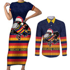 AFL Adelaide Christmas Personalised Couples Matching Short Sleeve Bodycon Dress and Long Sleeve Button Shirt with Crows Mascot
