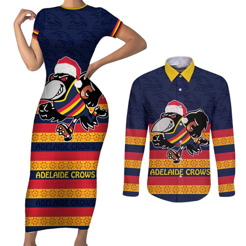 AFL Adelaide Christmas Personalised Couples Matching Short Sleeve Bodycon Dress and Long Sleeve Button Shirt with Crows Mascot