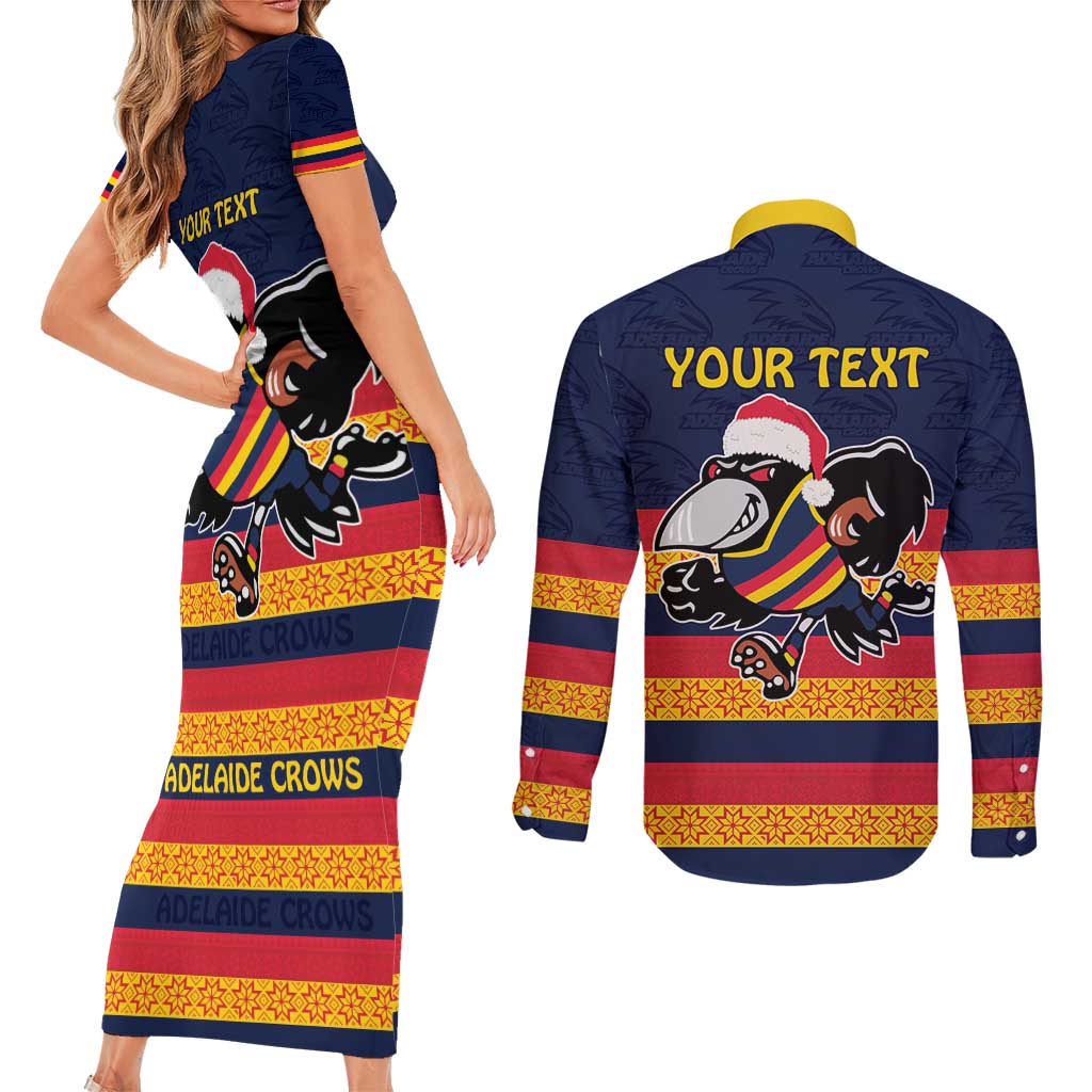 AFL Adelaide Christmas Personalised Couples Matching Short Sleeve Bodycon Dress and Long Sleeve Button Shirt with Crows Mascot