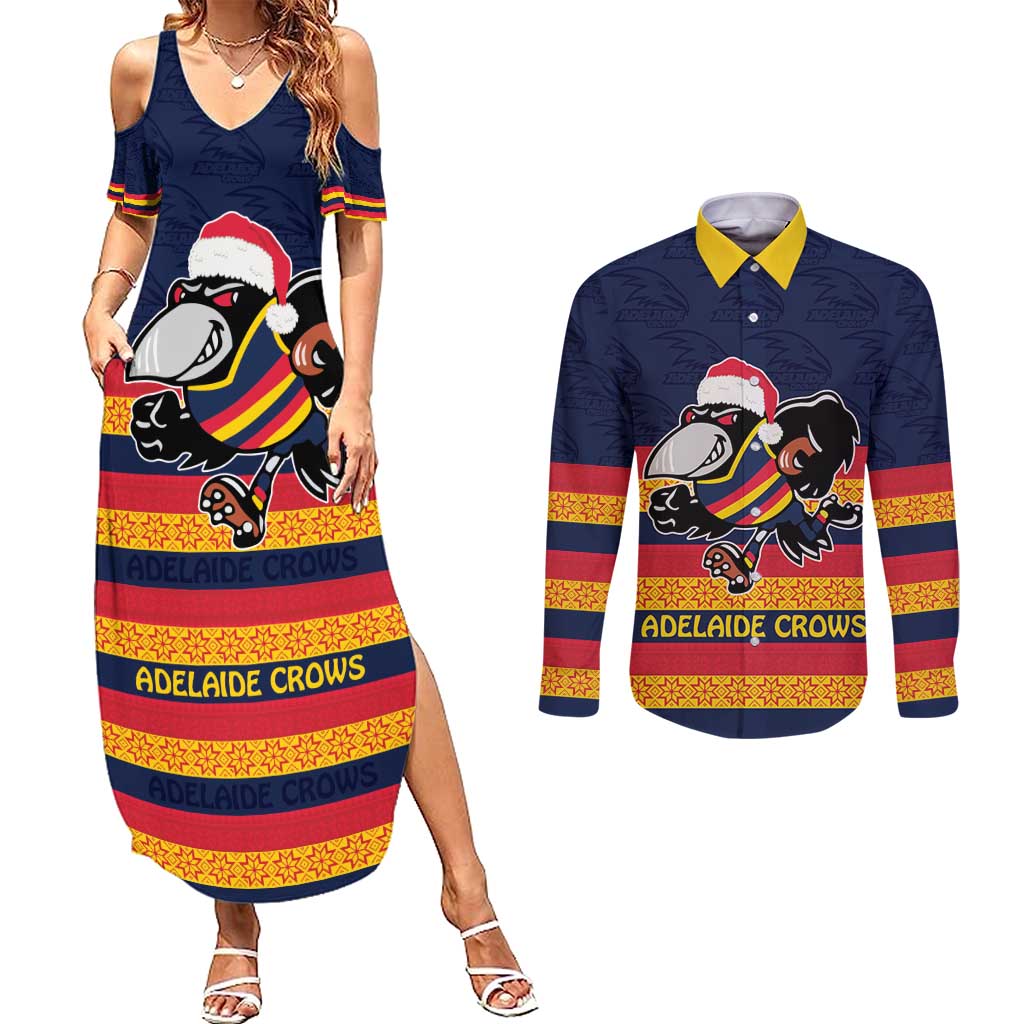 AFL Adelaide Christmas Personalised Couples Matching Summer Maxi Dress and Long Sleeve Button Shirt with Crows Mascot