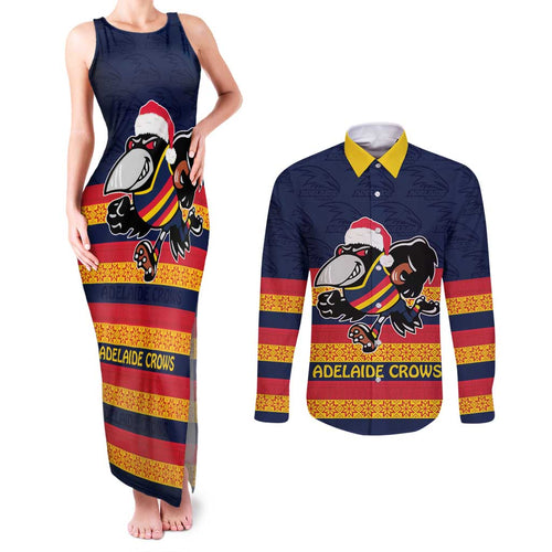 AFL Adelaide Christmas Personalised Couples Matching Tank Maxi Dress and Long Sleeve Button Shirt with Crows Mascot