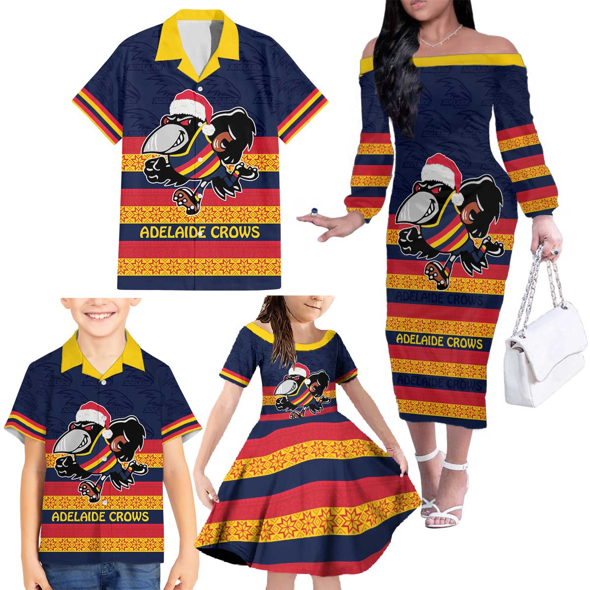 AFL Adelaide Christmas Personalised Family Matching Off The Shoulder Long Sleeve Dress and Hawaiian Shirt with Crows Mascot