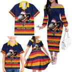 AFL Adelaide Christmas Personalised Family Matching Off The Shoulder Long Sleeve Dress and Hawaiian Shirt with Crows Mascot