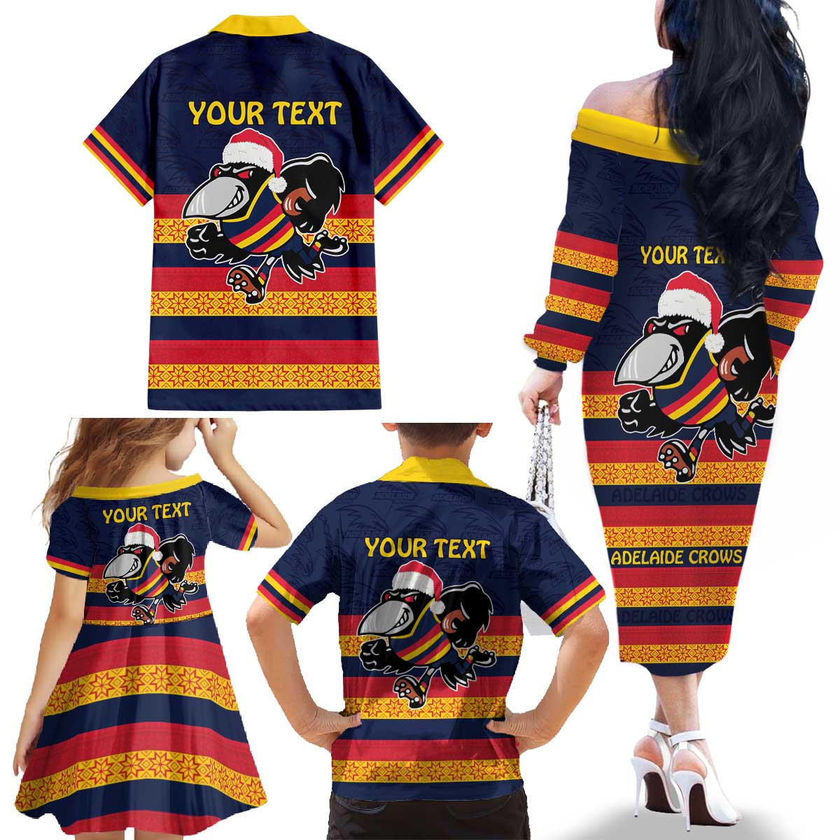 AFL Adelaide Christmas Personalised Family Matching Off The Shoulder Long Sleeve Dress and Hawaiian Shirt with Crows Mascot