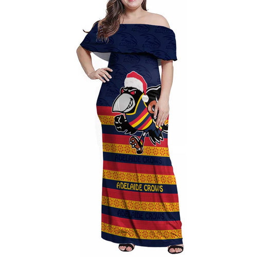 AFL Adelaide Christmas Personalised Family Matching Off Shoulder Maxi Dress and Hawaiian Shirt with Crows Mascot