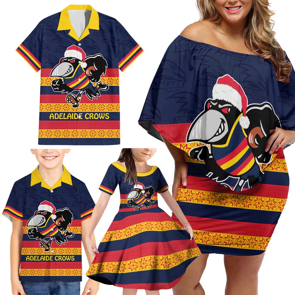 AFL Adelaide Christmas Personalised Family Matching Off Shoulder Short Dress and Hawaiian Shirt with Crows Mascot