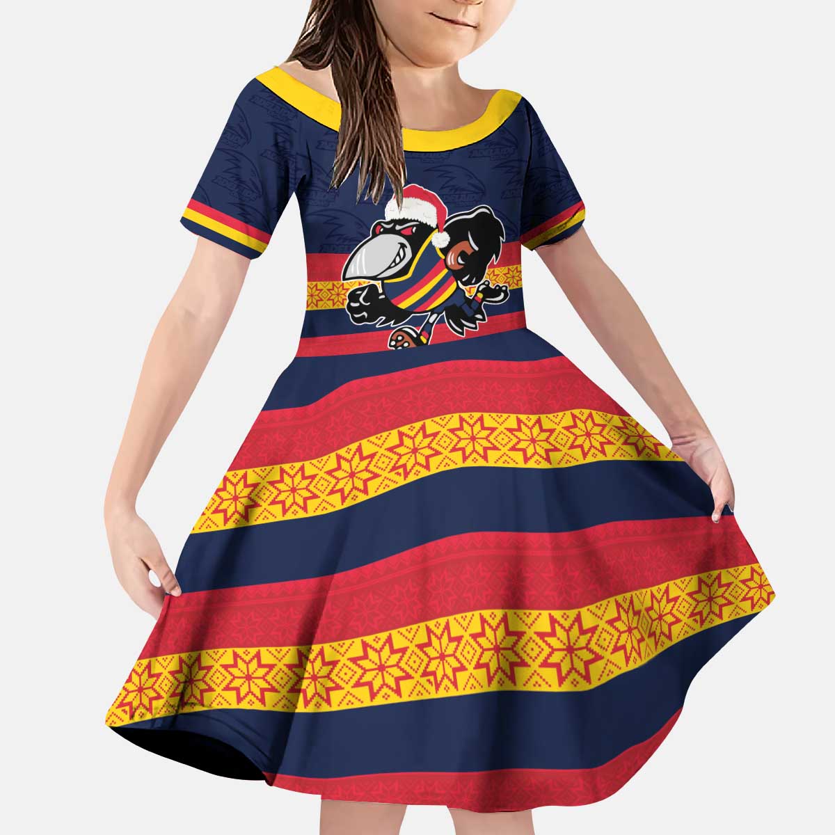 AFL Adelaide Christmas Personalised Kid Short Sleeve Dress with Crows Mascot