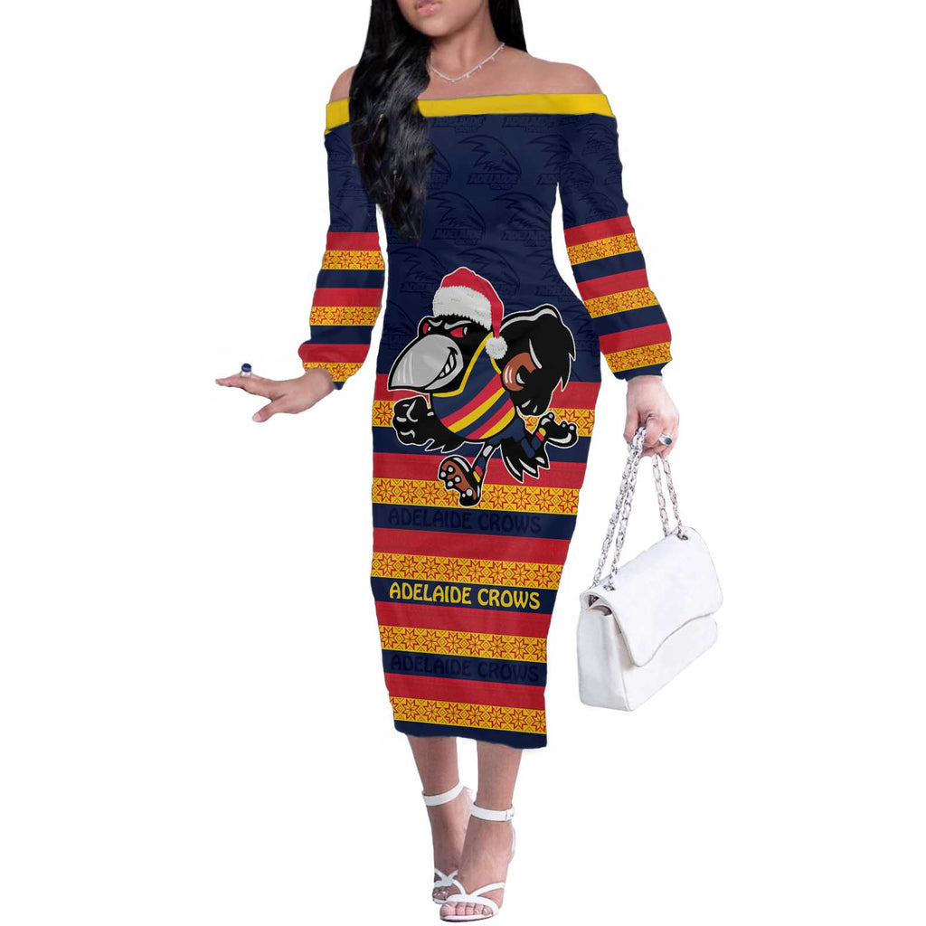 AFL Adelaide Christmas Personalised Off The Shoulder Long Sleeve Dress with Crows Mascot