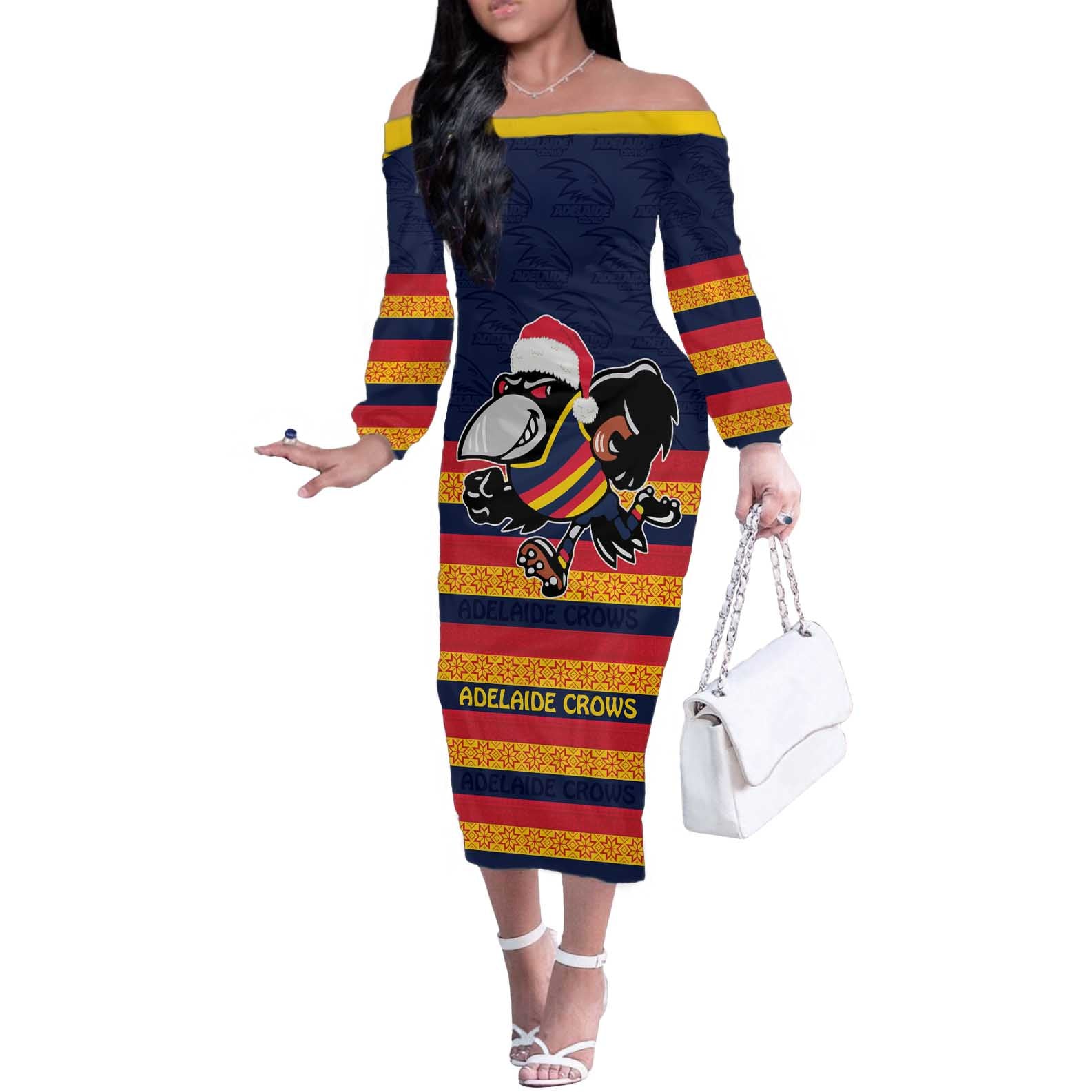 AFL Adelaide Christmas Personalised Off The Shoulder Long Sleeve Dress with Crows Mascot