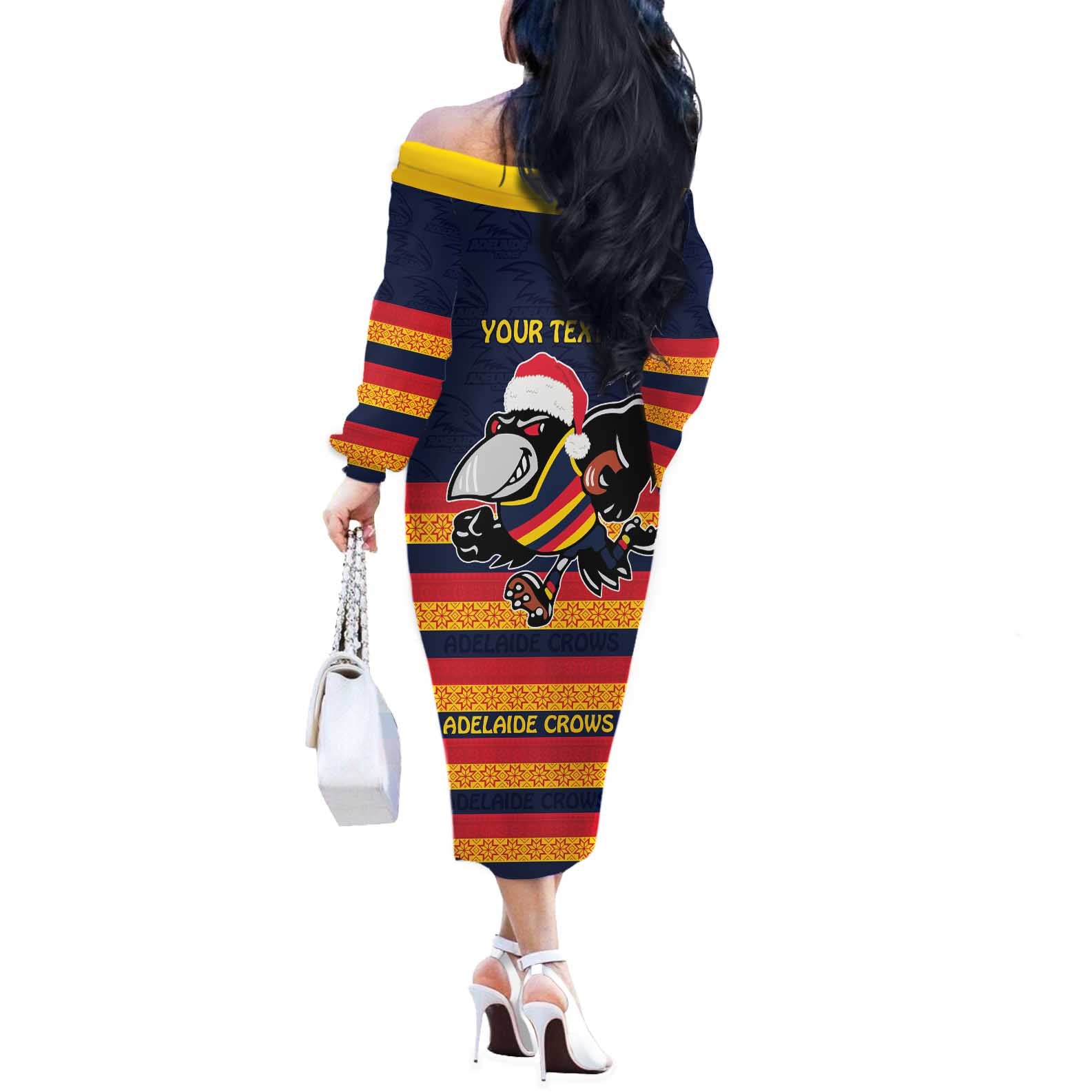 AFL Adelaide Christmas Personalised Off The Shoulder Long Sleeve Dress with Crows Mascot