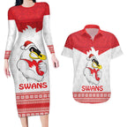 AFL Sydney Christmas Personalised Couples Matching Long Sleeve Bodycon Dress and Hawaiian Shirt with Swans Mascot Simple Style
