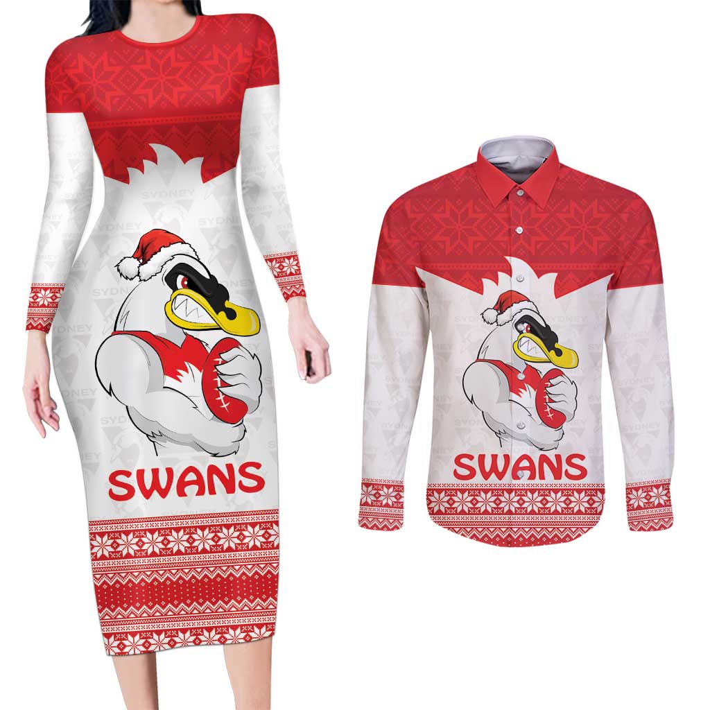 AFL Sydney Christmas Personalised Couples Matching Long Sleeve Bodycon Dress and Long Sleeve Button Shirt with Swans Mascot Simple Style