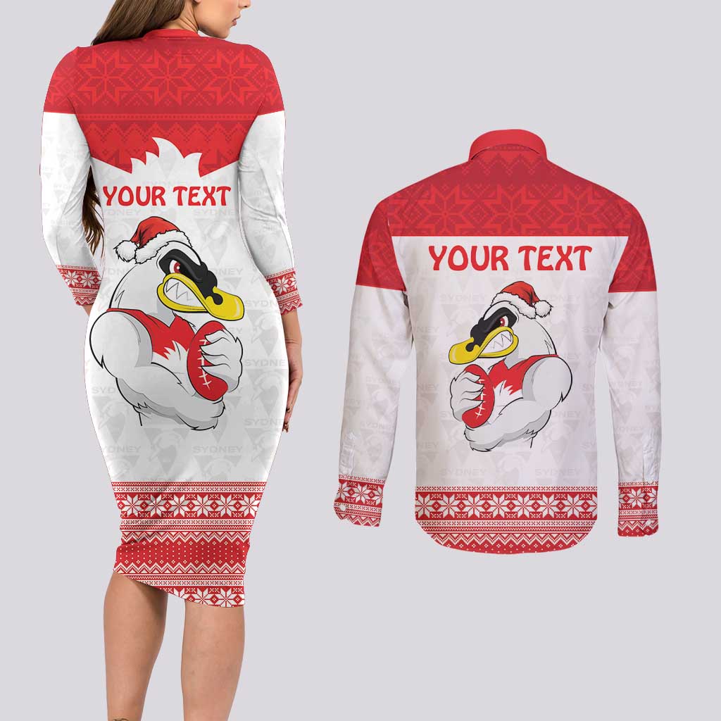 AFL Sydney Christmas Personalised Couples Matching Long Sleeve Bodycon Dress and Long Sleeve Button Shirt with Swans Mascot Simple Style