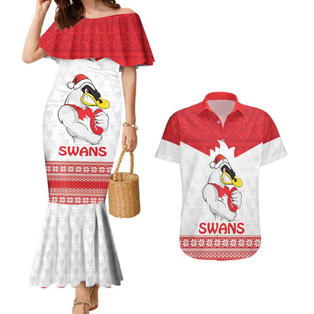 AFL Sydney Christmas Personalised Couples Matching Mermaid Dress and Hawaiian Shirt with Swans Mascot Simple Style