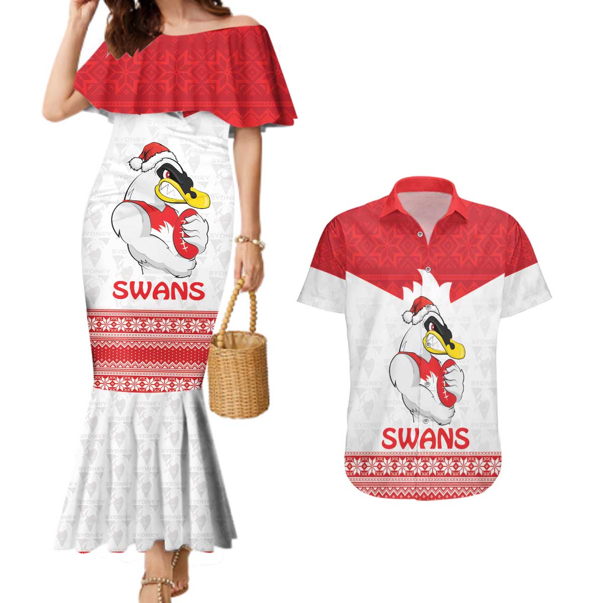 AFL Sydney Christmas Personalised Couples Matching Mermaid Dress and Hawaiian Shirt with Swans Mascot Simple Style