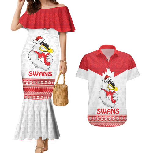 AFL Sydney Christmas Personalised Couples Matching Mermaid Dress and Hawaiian Shirt with Swans Mascot Simple Style