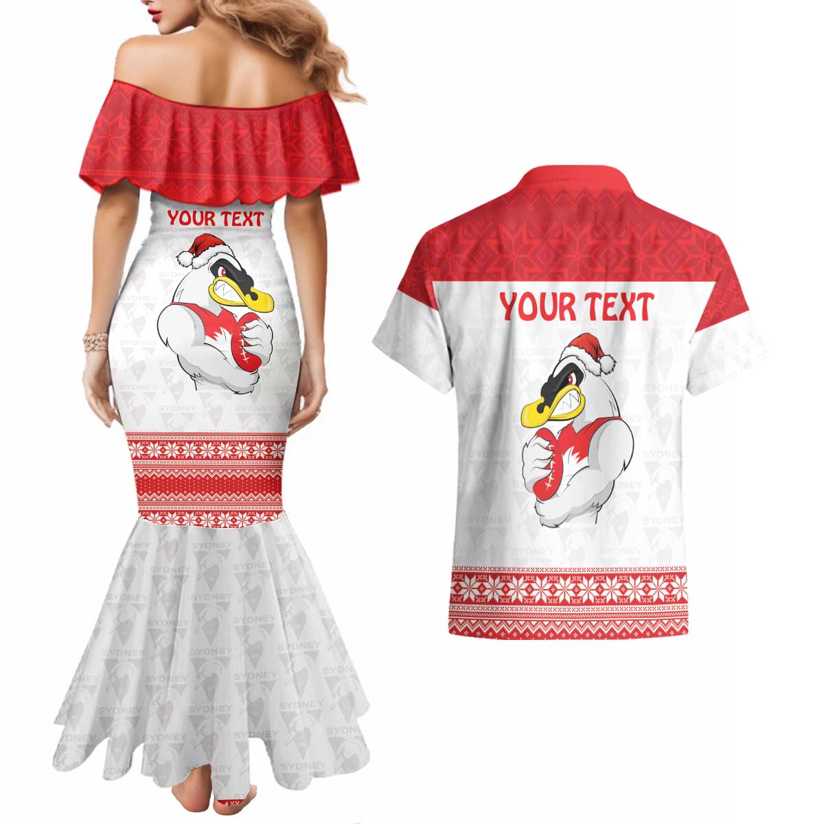 AFL Sydney Christmas Personalised Couples Matching Mermaid Dress and Hawaiian Shirt with Swans Mascot Simple Style